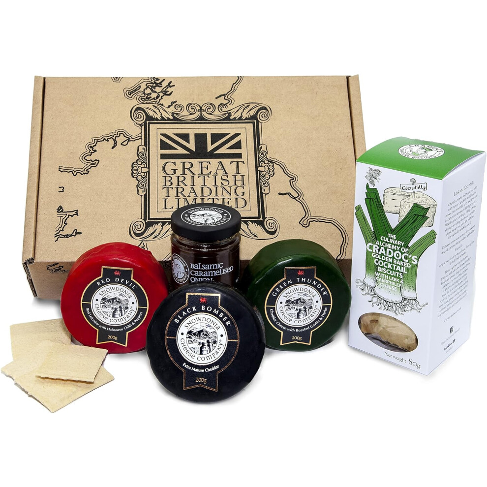 Snowdonia Welsh Cymru Cheese Hamper Truckles with Onion Chutney and Cradocs Crackers Welsh Gift Hamper from GREAT BRITISH TRADING LIMITED