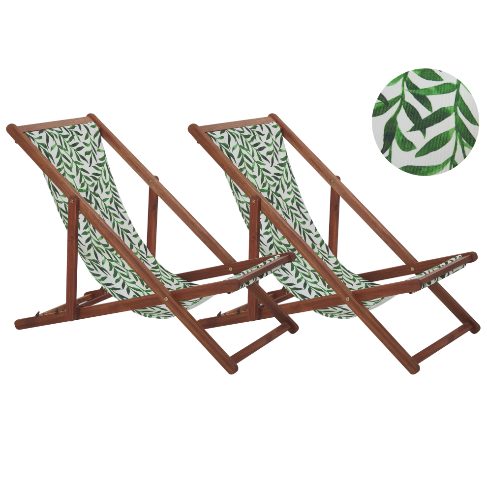 Set of 2 Folding Deck Chairs ANZIO with Replacement Fabrics Floral Motif Acacia Wood Dark Brown
