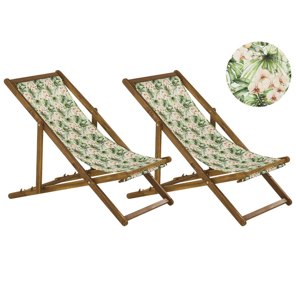 Set of 2 Folding Deck Chairs ANZIO with Replacement Fabrics Floral Motif Acacia Wood Light Brown