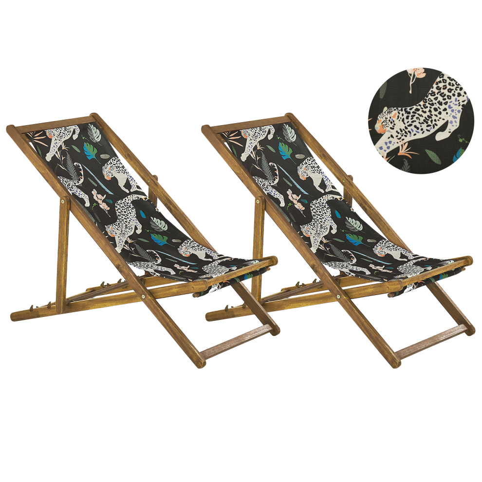 Set of 2 Folding Deck Chairs ANZIO with Replacement Fabrics Animal Motif Acacia Wood Light Brown