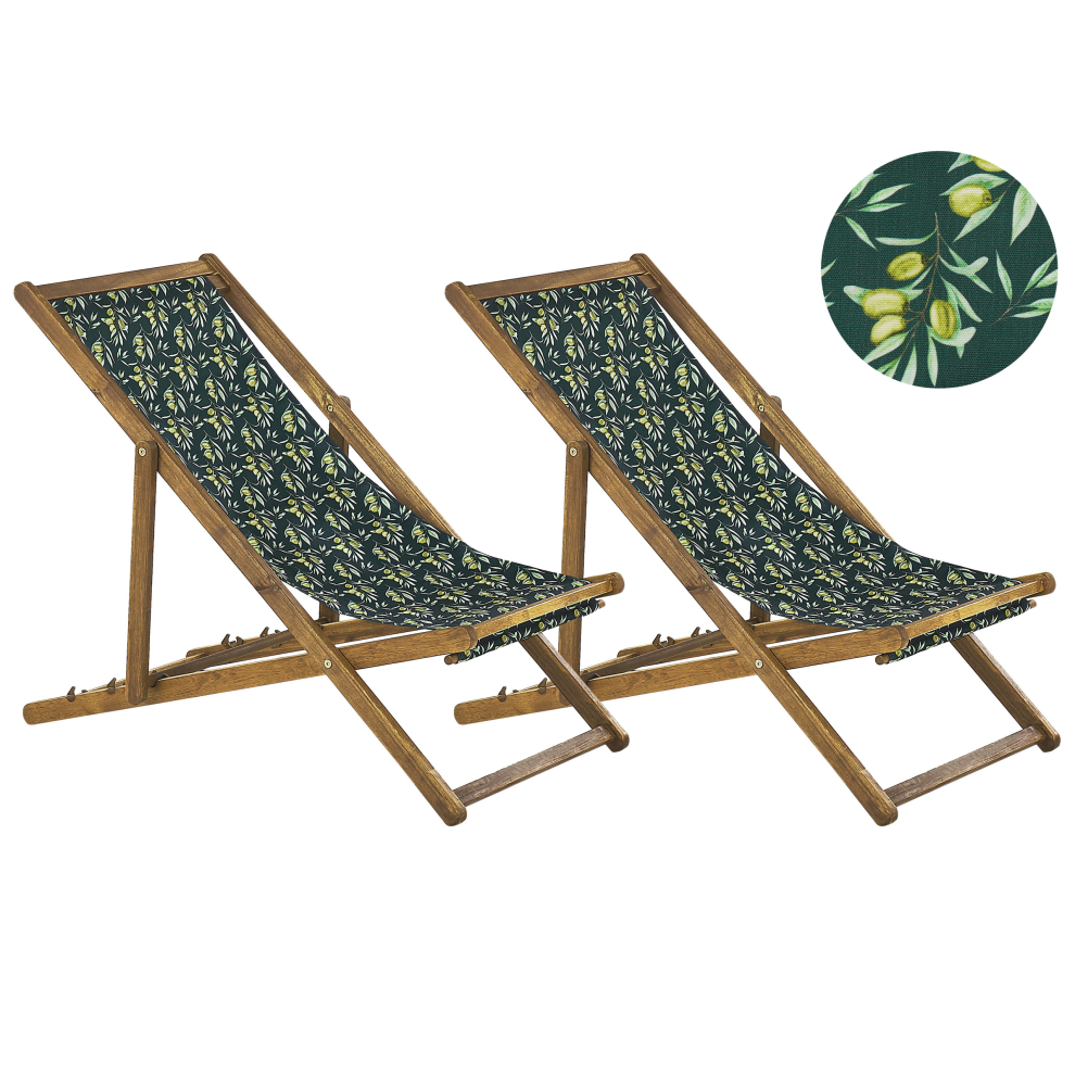 Set of 2 Folding Deck Chairs ANZIO with Replacement Fabrics Floral Motif Acacia Wood Light Brown