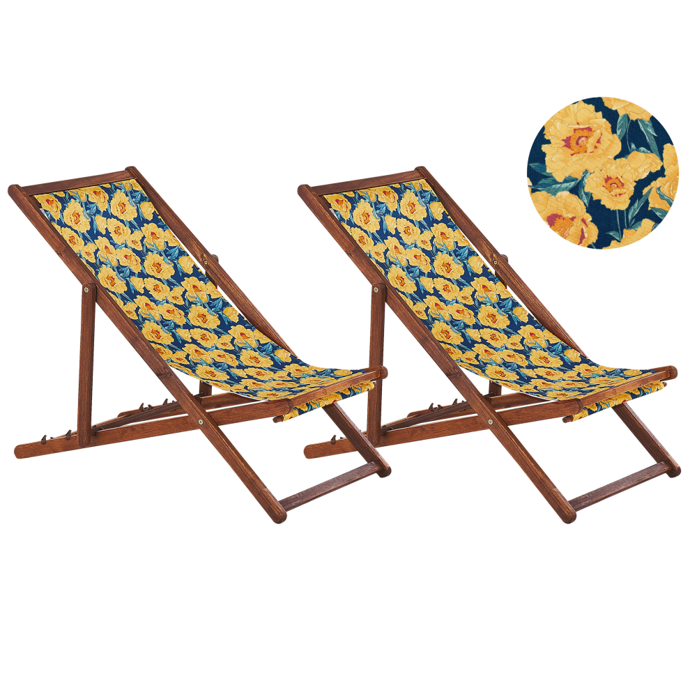 Set of 2 Folding Deck Chairs ANZIO with Replacement Fabrics Floral Motif Acacia Wood Dark Brown