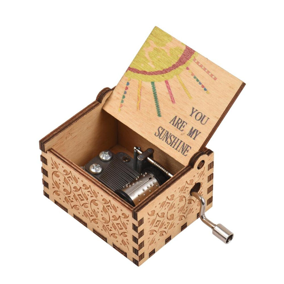 Vintage Wooden Music Box Palm-size Hand Crank Wood Case Musicbox Beautiful Carved Wooden Musical