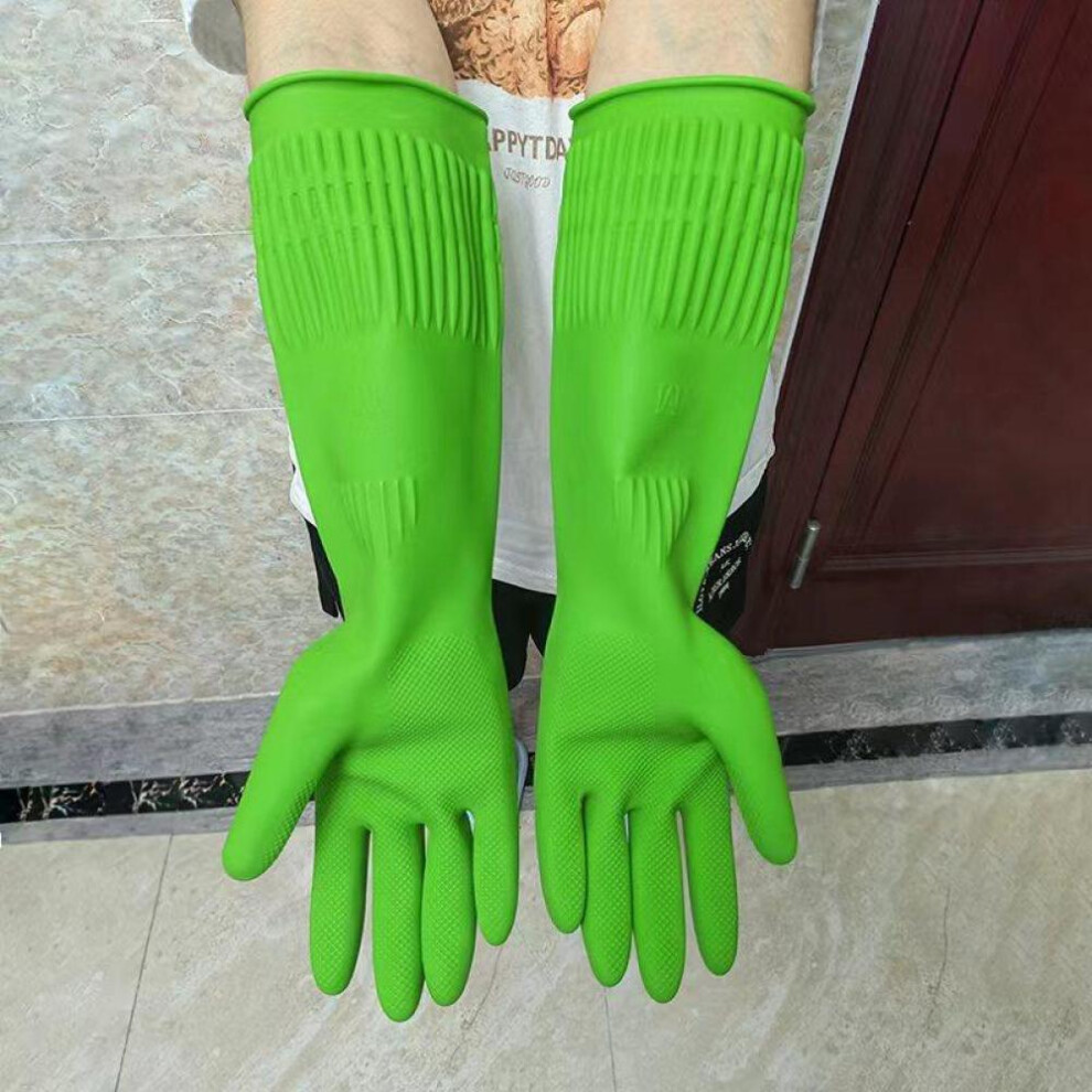 (Green, S) 1 Pair Durable Rubber Gloves Kitchen Gloves for Washing Dishes Long Thick Protective Cleaning Gloves for Woman Dishwashing