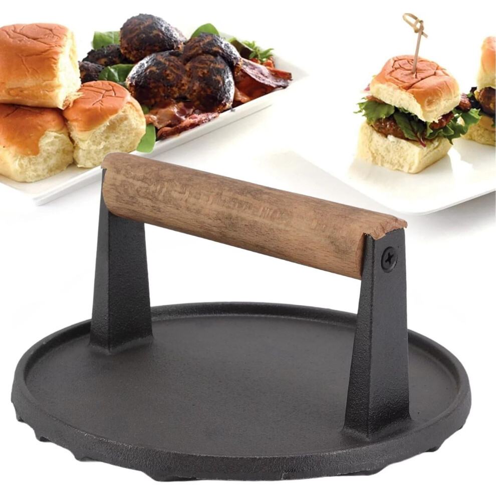 VGÂ® Cast Iron Round Burger Press, 7-Inch, Non-Stick with Wooden Handle