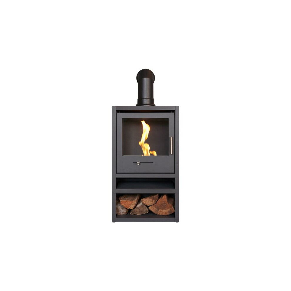 OKO S1 Bio Ethanol Stove with Log Storage in Charcoal Grey & Angled Stove Pipe
