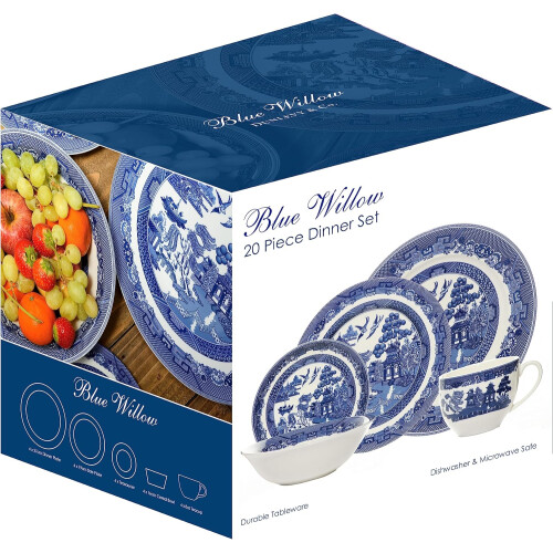 AuraHome Blue Willow 20-Piece Dinner Set, Porcelain, Blue & White