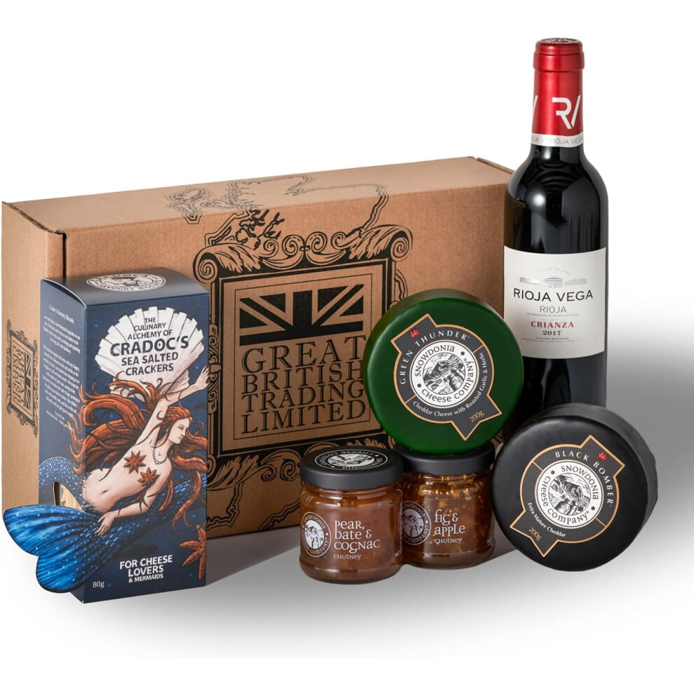 Great British Trading - Cheese, Crackers, Chutney and Wine Gift Hamper with Snowdonia cheese