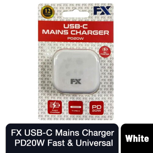 FX USB-C Mains Charger, PD20W Fast & Universal Compatible, White