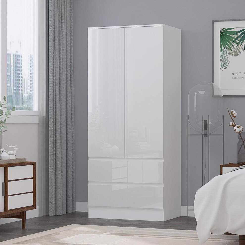 FWStyle Narvik Modern 2 Door 2 Drawer Combination Wardrobe White Gloss