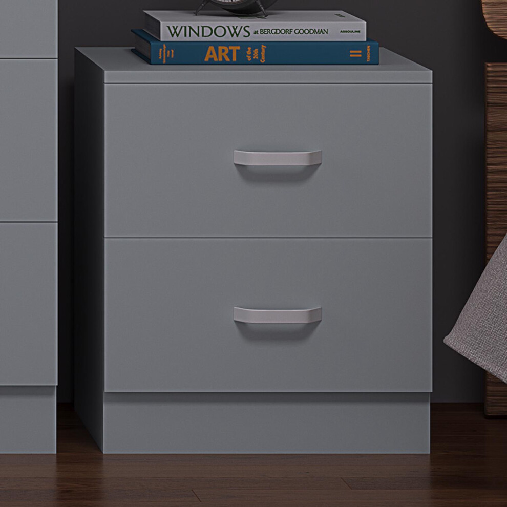 2 Drawer Bedside Cabinet Matt Grey Bedroom Furniture Metal T-Bar Handles