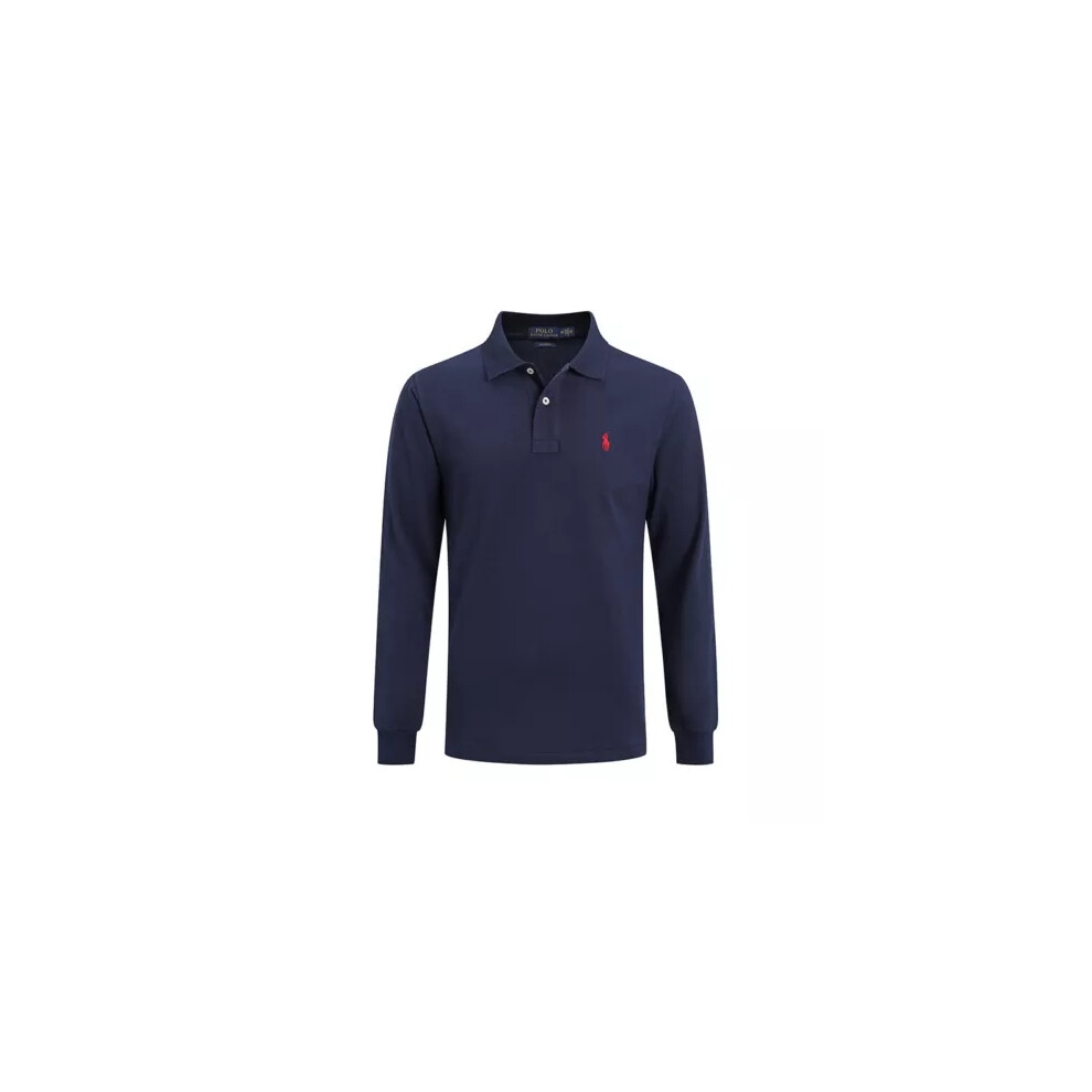 (Deep Blue, M) Men's Casual Long Sleeve Collared T-Shirt Sports T-Shirts Button Tops