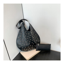 (Black) Stylish Soft Pu Large Rivet Tote Bag For Women Perfect For Casual Commuting And Daily Activities