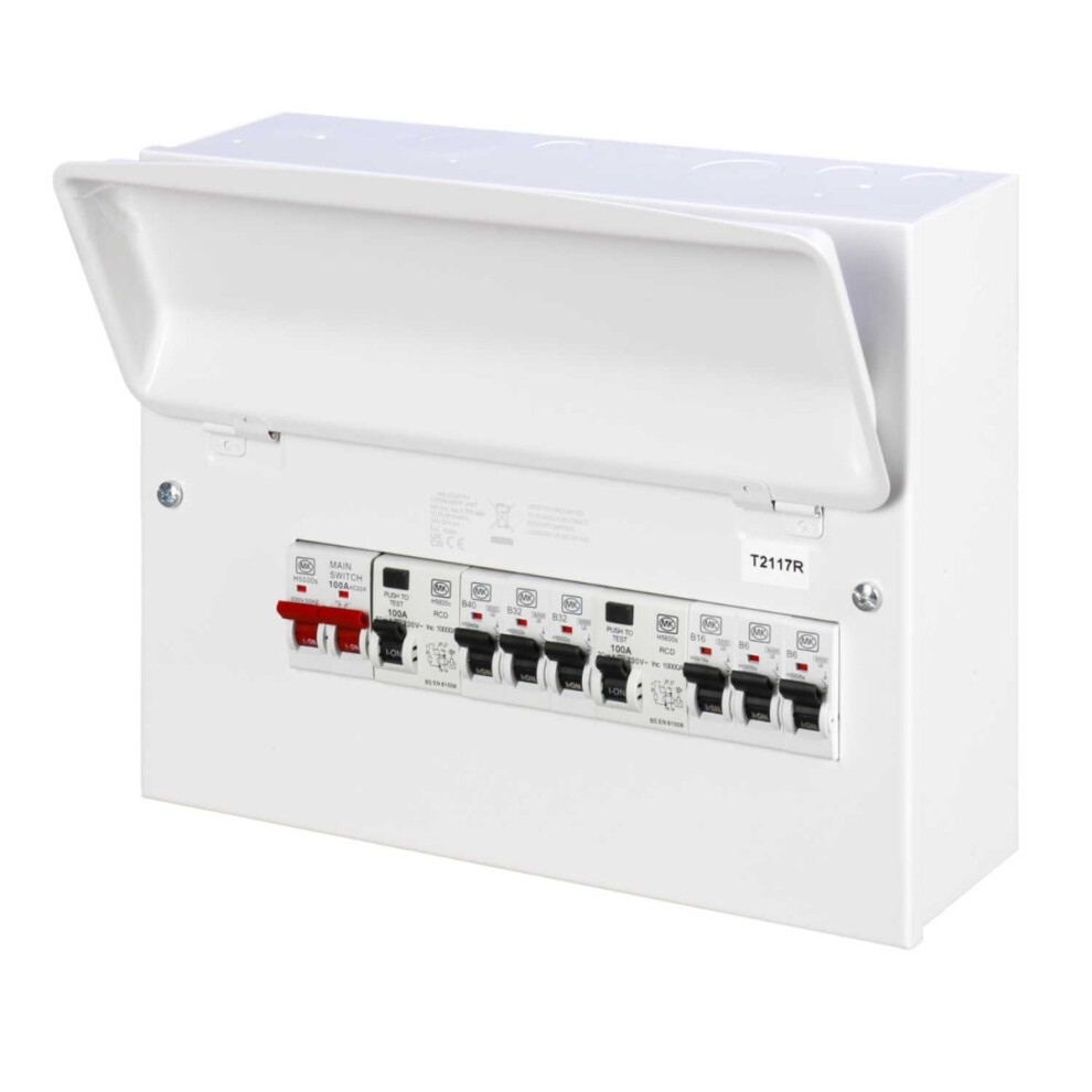 MK 6 WAY POPULATED CONSUMER UNIT: MAIN SWITCH, 2 X 100A TYPE A RCD + 6 MCB (2/6,1/16,2/32,1/40)