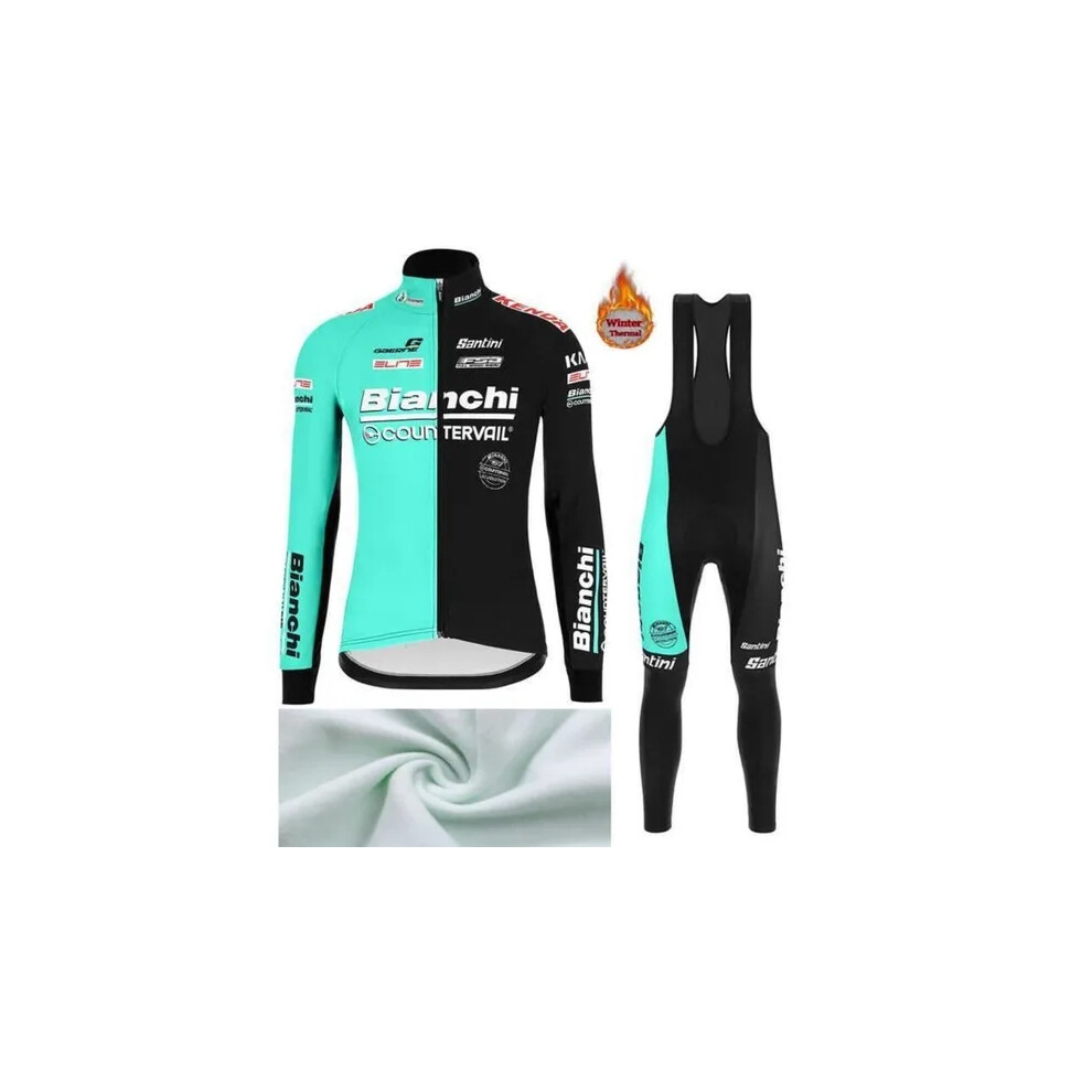 (XXXXL) Winter Cycling Jersey Sets Thermal Fleece Bike Jersey + Bib Pants, Long Sleeve Cycling Clothing Sets for Man