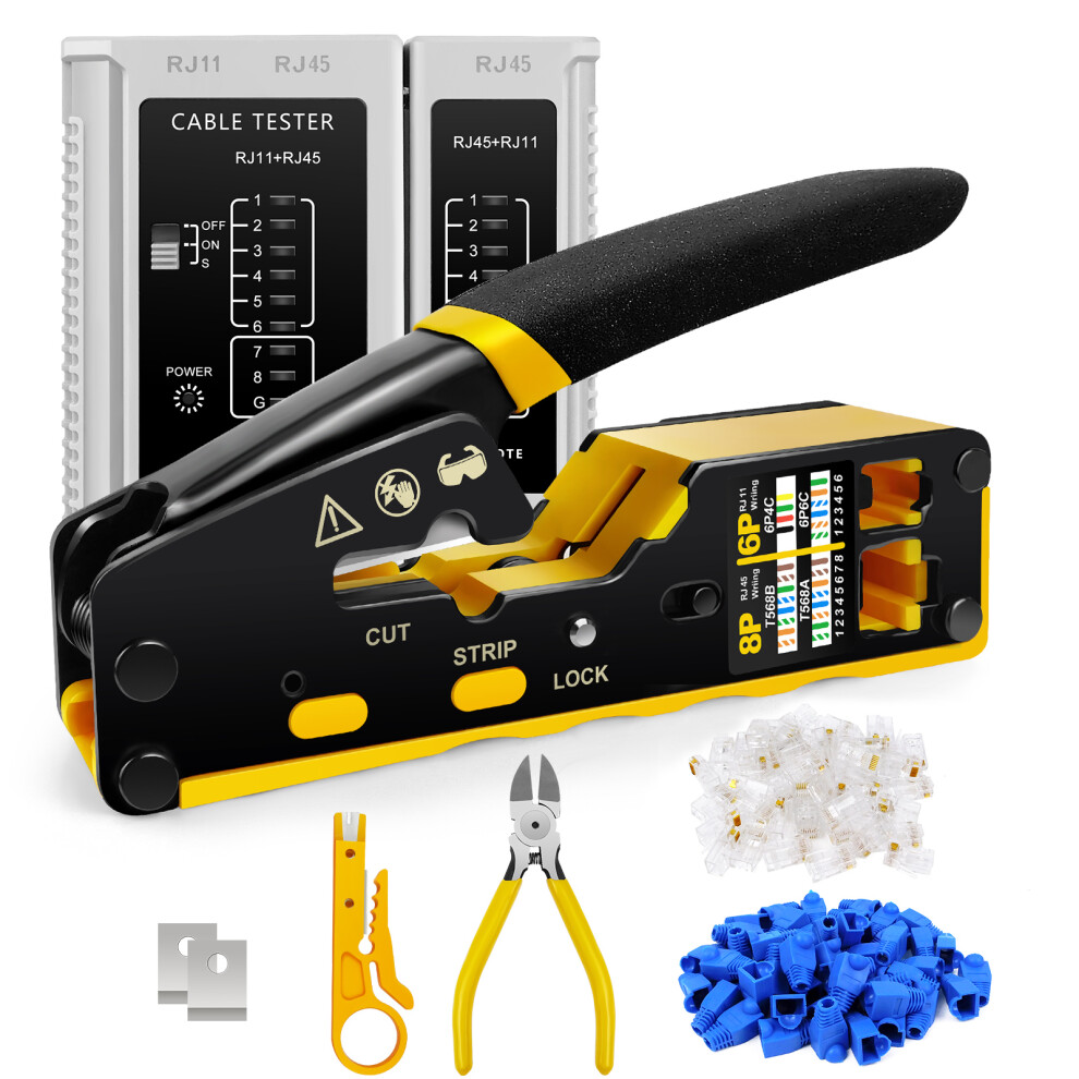 RJ45 Crimping Tool Kit Pass Through Crimper Stripper Cutter All-in-One for Cat5 Cat6 Pass Through Connector