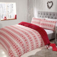 (King) Fairisle Flannel Fleece Reversible Duvet Set- Red