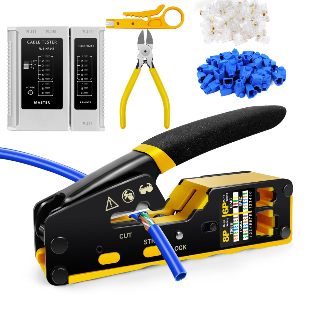 Rj45 Crimp Tool Kit Pass Through Rj45 Crimper, Cat5 Cat6 Ethernet Crimping Tool Kit 782429077534
