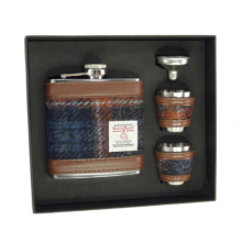 Navy and Orange Rust Tarten Harris Tweed 6oz Stainless Steel Hip Flask Cup Set