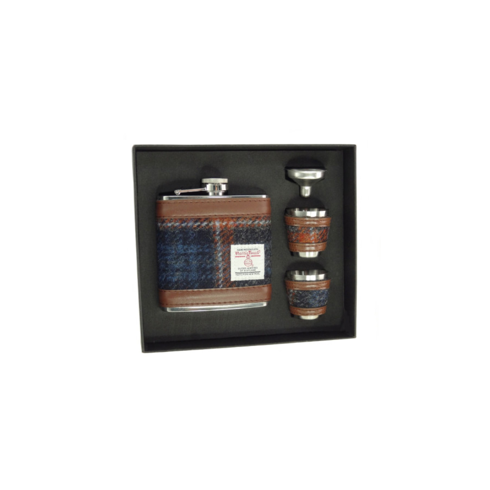 Navy and Orange Rust Tarten Harris Tweed 6oz Stainless Steel Hip Flask Cup Set