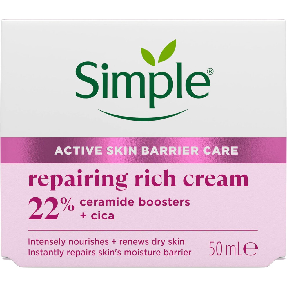 Simple Repairing Rich Face Cream facial moisturiser with 22% ceramide boosters, organic cica and provitamin B5, sensitive skin 50 ml