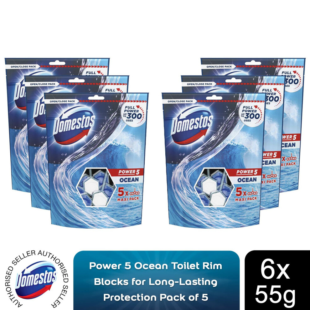 6x Domestos Power 5 Ocean Toilet RimBlocks for LongLasting 55g,Pk of 5