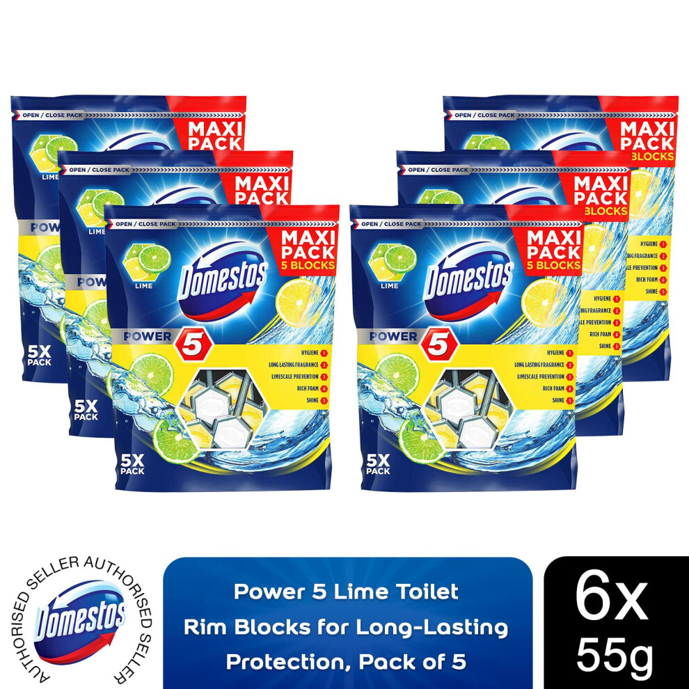 6x Domestos Power 5 Lime Toilet Rim Blocks for LongLasting 55g, Pkof5