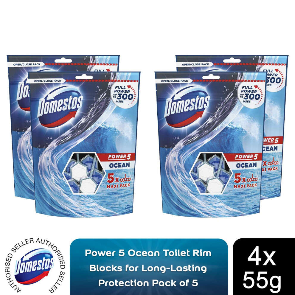 4x Domestos Power 5 Ocean Toilet RimBlocks for LongLasting 55g,Pk of 5