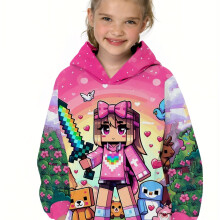 (Pink Color, 7-8Y) Allover 3D Cartoon Girl & Animals Graphic Print, Girls Trendy & Casual Long Sleeve Hoodie