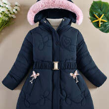 (Navy Blue, 9-10Y) Girl's Cute Detachable Furry Hood Padded Coat, Solid Versatile A-line Long Sleeve Parka Coats