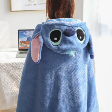 (Stitch) Cute Cartoon Stitch Hooded Cape - Plush Fleece-Lined, Thick Warm Nap Blanket for Students & Office