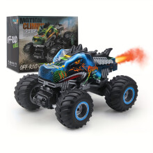 (Blue remote control dinosaur truck) Vibrant Remote Control Dinosaur Monster Truck - 2.4GHz All-Terrain, Spray Music, LED Lights