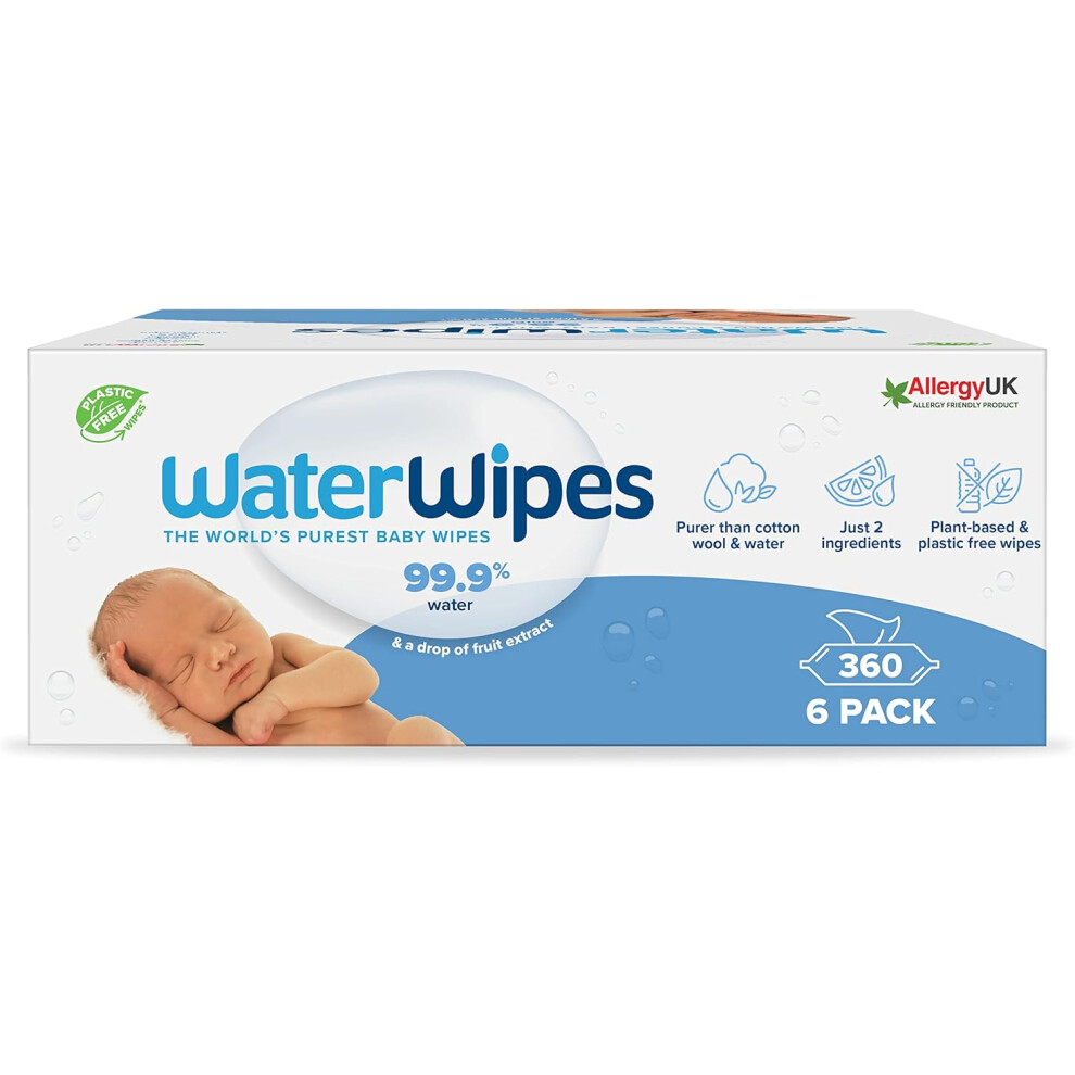 (WaterWipes Plastic-Free Original Baby Wipes, 360 Count (6 packs), 99.9% Water Based Wipes, Unscented for Sensitive Skin) WaterWipes Plastic-Free Orig