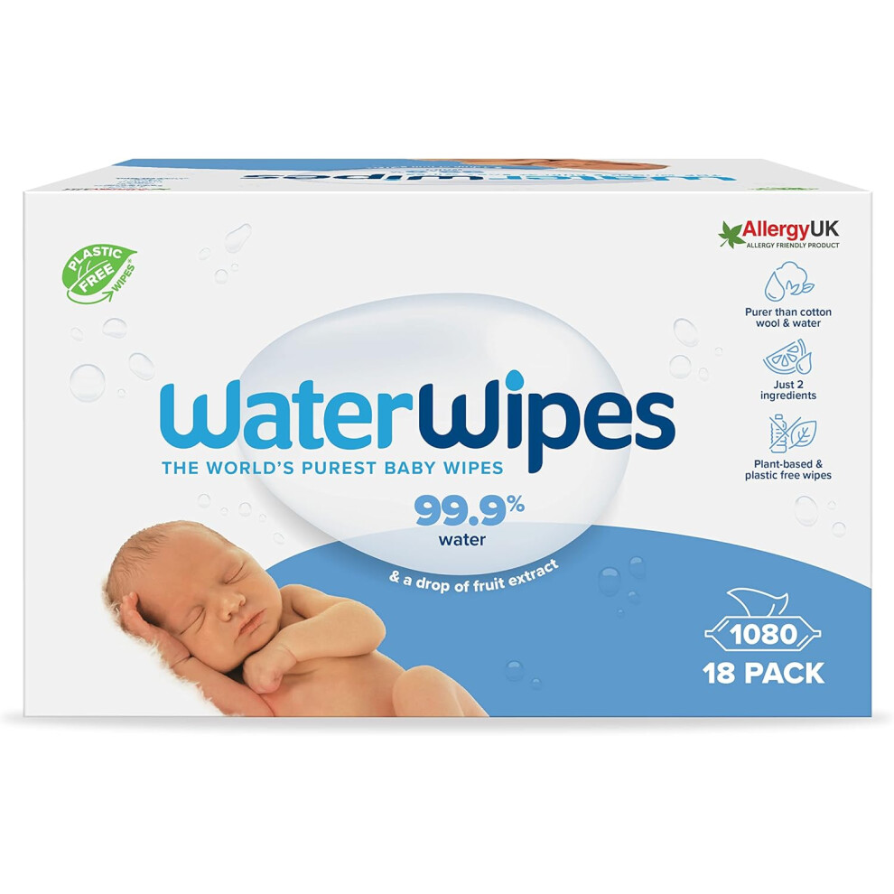 (WaterWipes Plastic-Free Original Baby Wipes, 1080 Count (18 packs), 99.9% Water Based Wipes, Unscented for Sensitive Ski) WaterWipes Plastic-Free Ori