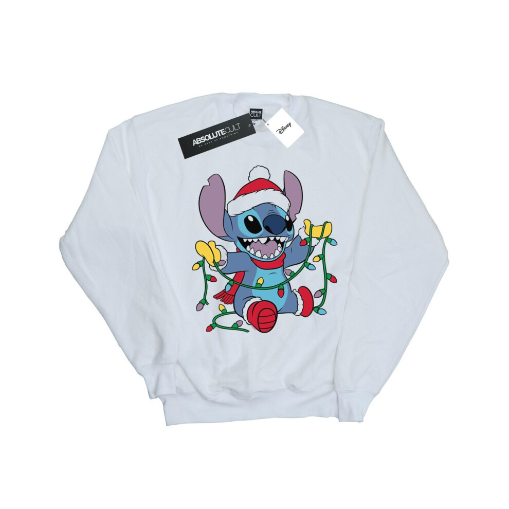 (7-8 Years, White) Disney Girls Lilo And Stitch Christmas Lights Sweatshirt