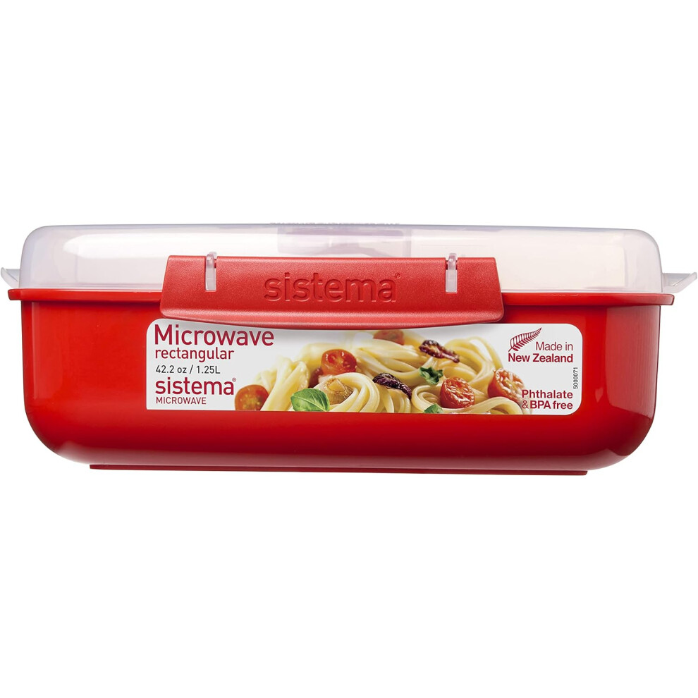 (Sistema Rectangle Microwave Container | 1.25 L | Food Container with Steam Release Vent | BPA-Free | Red | 1 Count) Heat and Eat Microwave Set Rectan