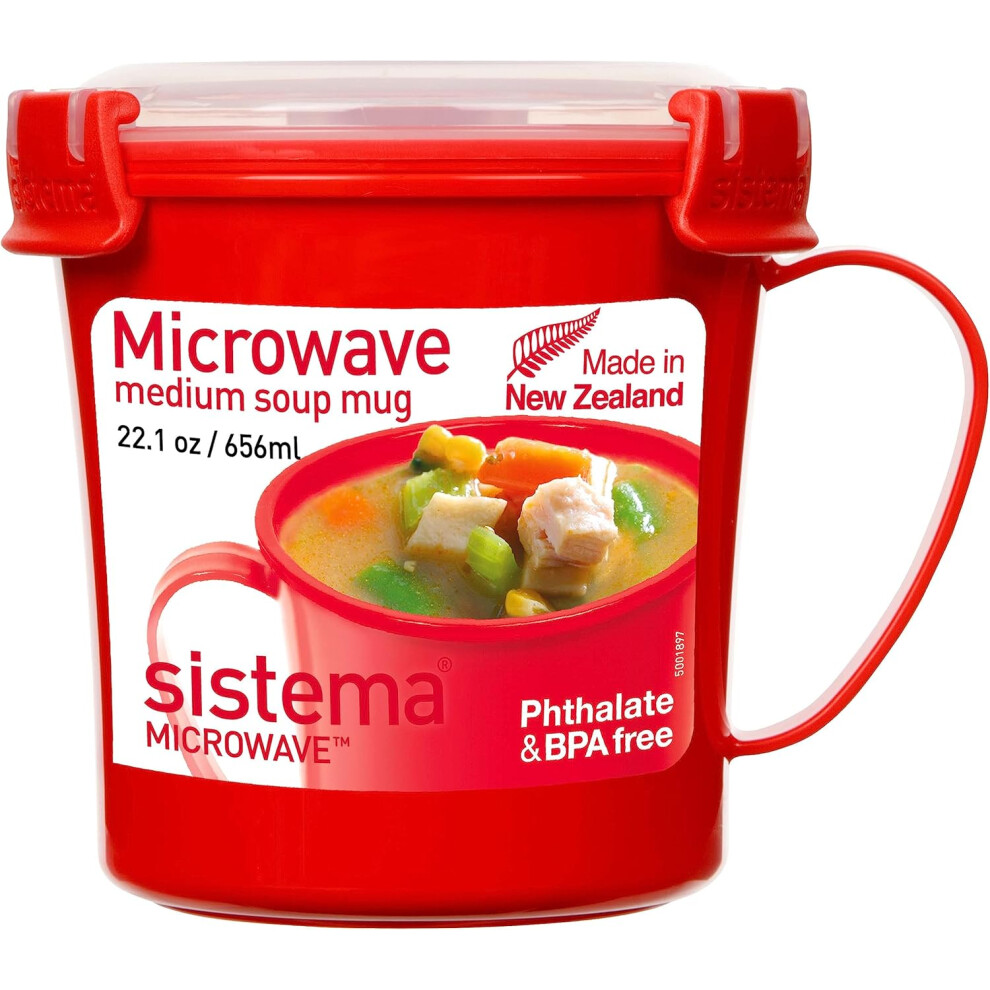 (Sistema Microwave Soup Mug | 656 ml Microwave Food Container with Steam-Release Vent | BPA-Free | Red/Clear | 1 Count [1) Heat and Eat Microwave Set