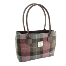 Muted Green And Rose Pink Tartan Harris Tweed Cassley Ladies Grab Tote Handbag