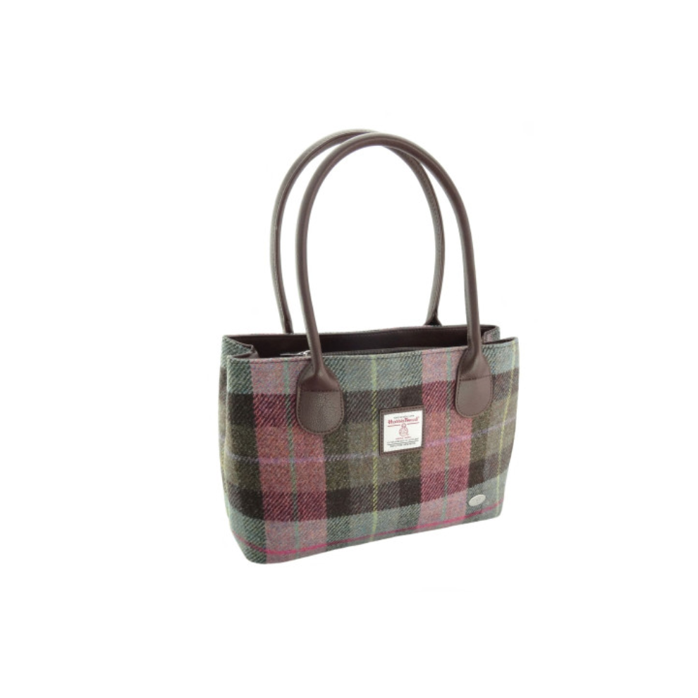 Muted Green And Rose Pink Tartan Harris Tweed Cassley Ladies Grab Tote Handbag