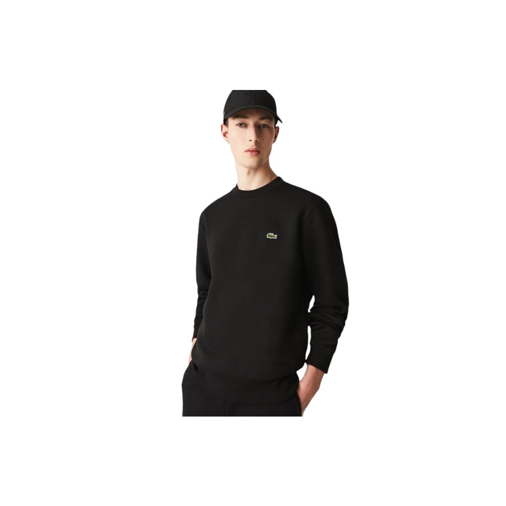 (Black, L) Lacoste Crew Neck Fleece Pullover Sweatshirt