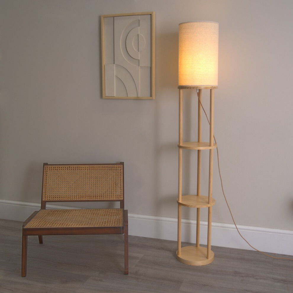 ValueLights Elsa Natural Wooden 3 Tier Floor Lamp with Fabric Shade