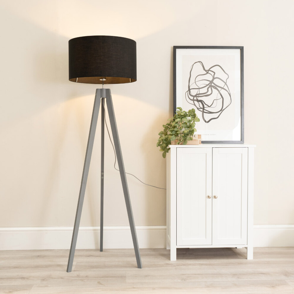 ValueLights Jackson Grey Wood Tripod Floor Lamp with Black Lamp Shade