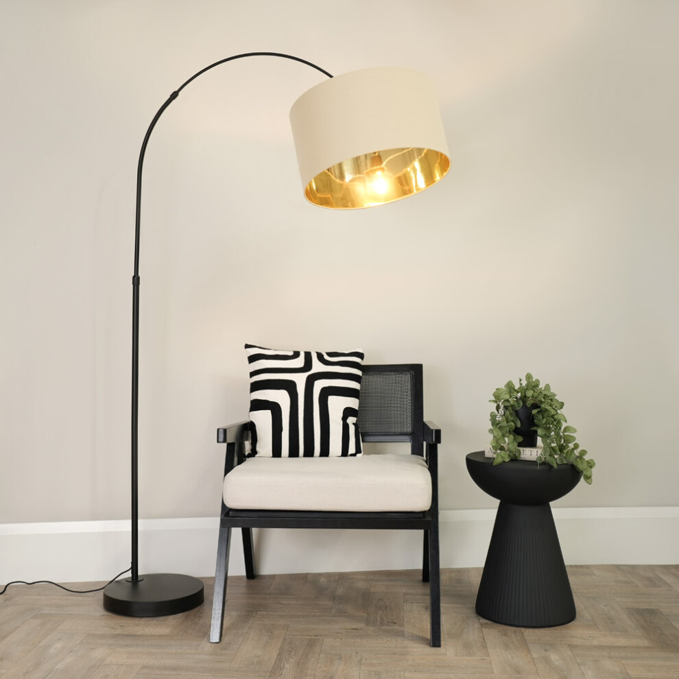 ValueLights Louis Beige & Gold Inner Shade Black Arched Floor Lamp