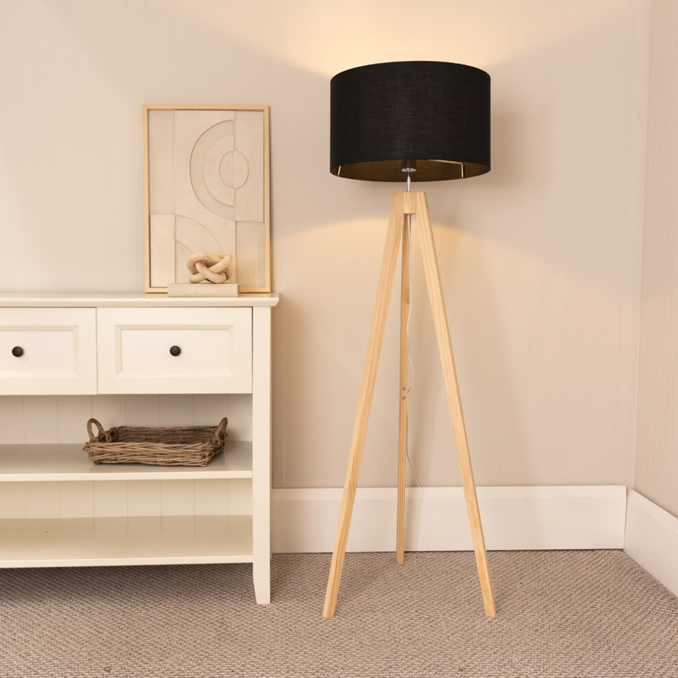 ValueLights Jackson Natural Wood Tripod Floor Lamp with Black Shade