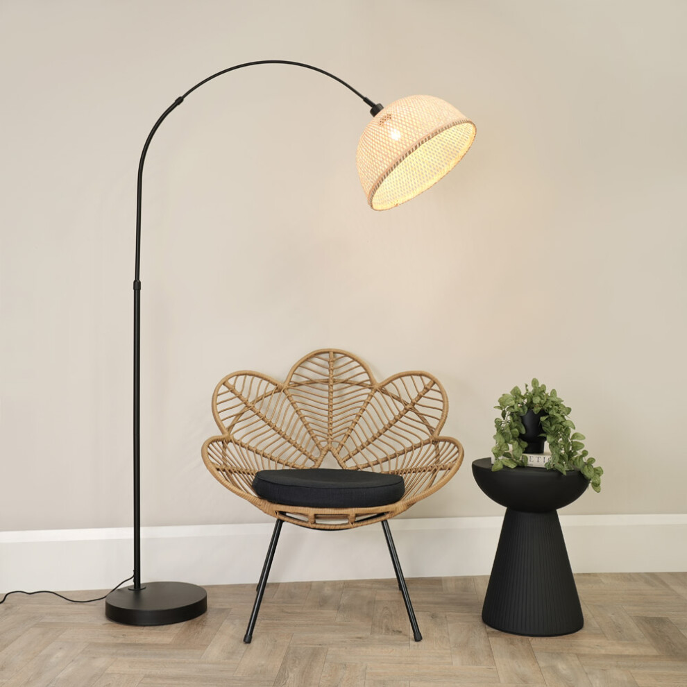 ValueLights Louis Black Arched Floor Lamp with Bamboo Dome Lamp Shade