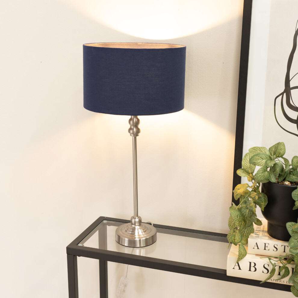 Maggie Chrome Candlestick Table Lamp with Navy Blue Fabric Drum Shade