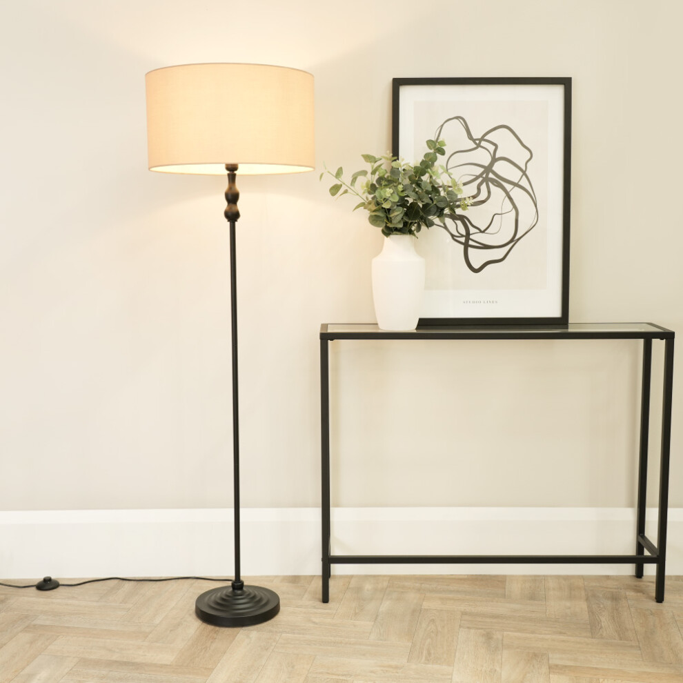 ValueLights Maggie Natural Shade Black Candlestick Floor Lamp & Bulb