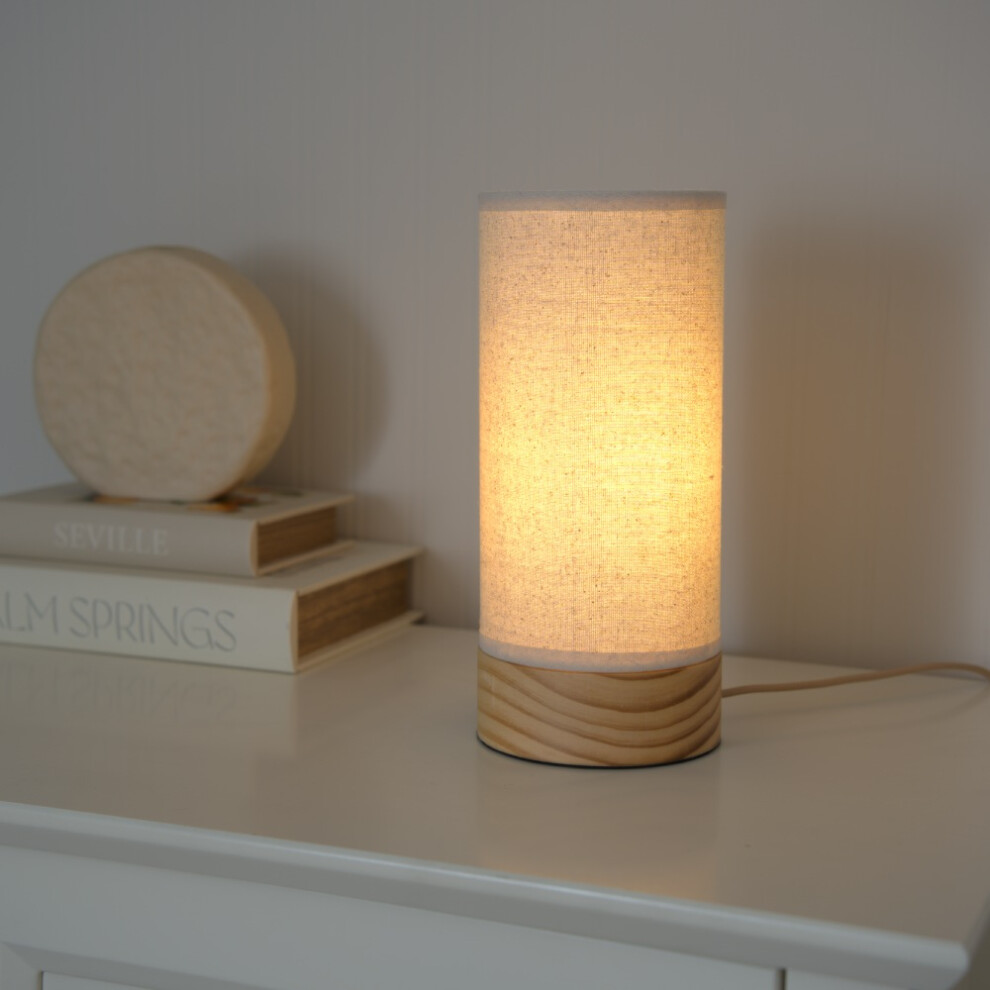 ValueLights Elsa Natural Fabric Shade Wooden Table Lamp with LED Bulb