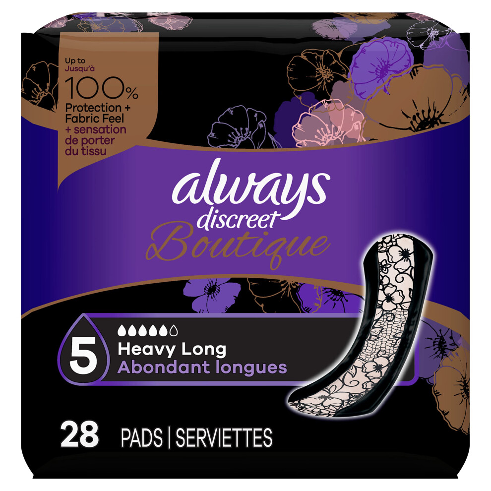 Always Discreet Boutique Incontinence Pads, Size 5, Heavy Absorption, Long, 28 Pads