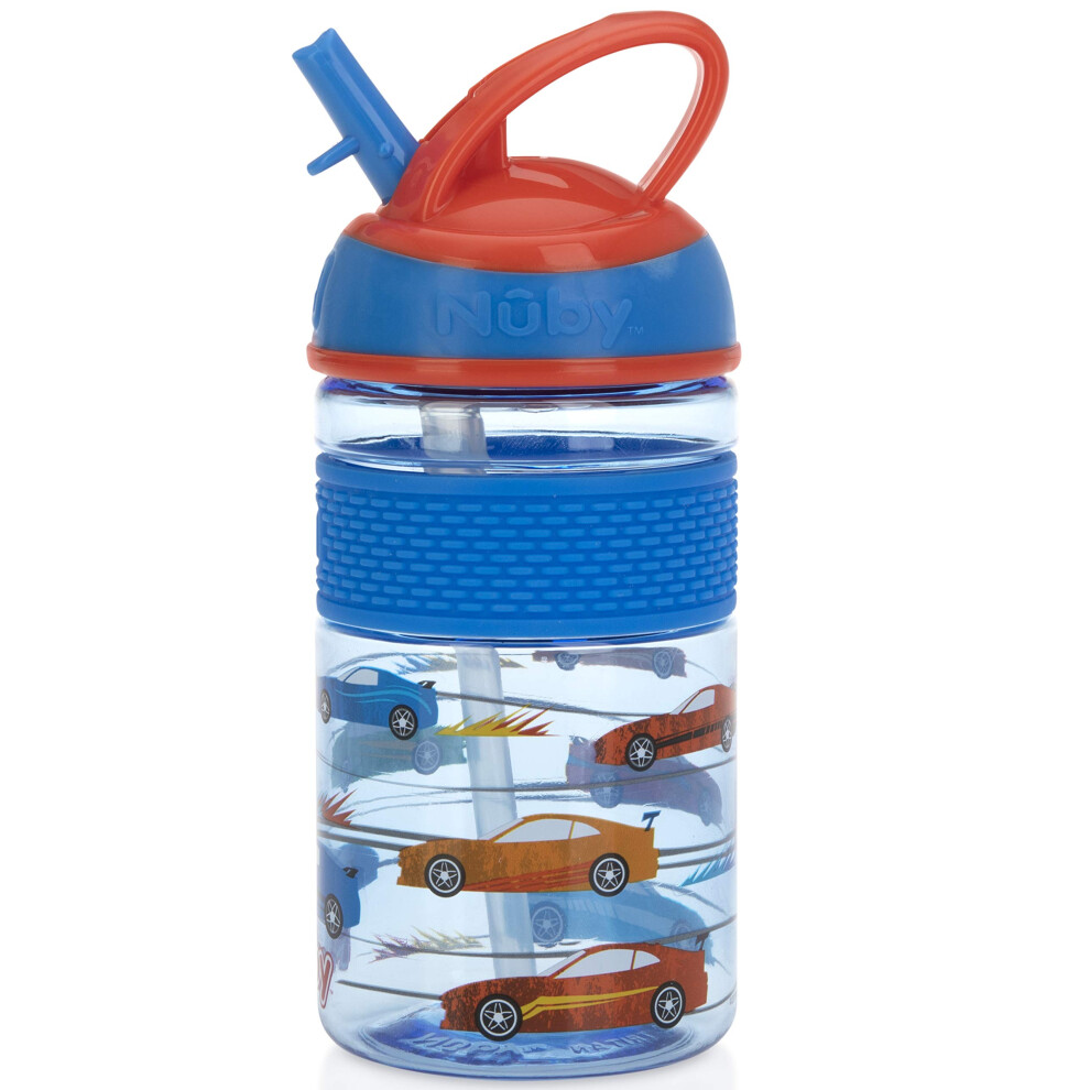 Nuby Thirsty Kids Flip-it Freestyle 12 oz Water Bottle with Bite Resistant Hard Straw, Blue Cars